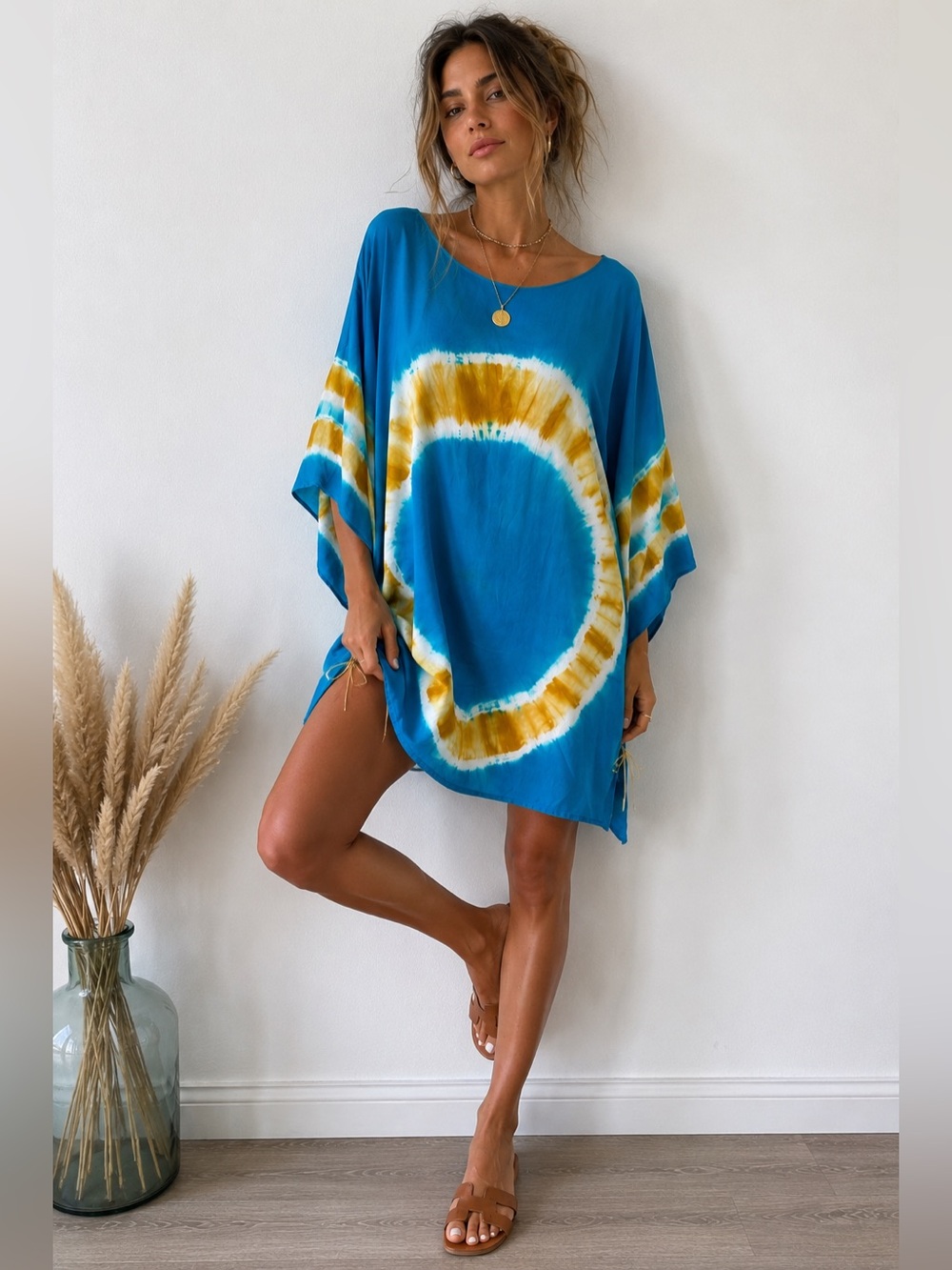 Martha Rey 100% Silk Handcrafted Tie Dye Tunic Dress Blue Gold Size S Boho